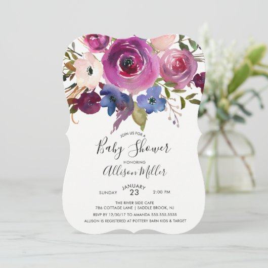 Modern Blue Plum Floral Baby shower Invitation Kaart (Staand voorkant)