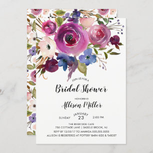 Modern Blue Plum Floral Bridal Shower Kaart