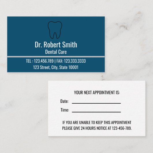 Modern Blue Professional Dentist Appointment Card Afsprakenkaartje (Voorkant / Achterkant)