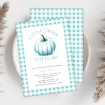 Modern Blue Pumpkin Gingham Plaid Boy Baby shower