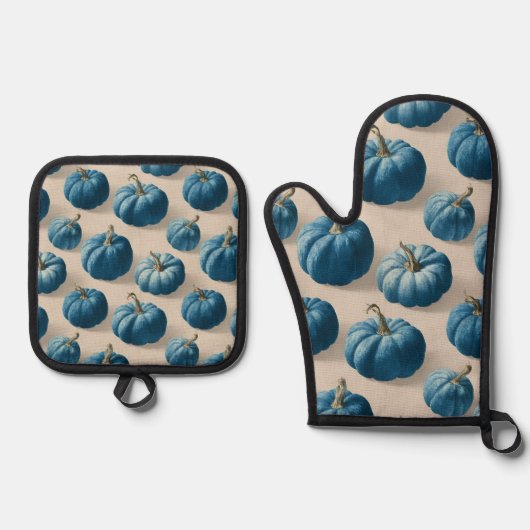 Modern Blue Pumpkin Herfst ontwerp Ovenwant & Pannenlap Set (Voorkant)