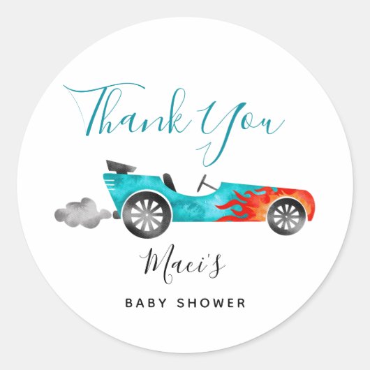 Modern Blue Race Car Baby shower Favor Ronde Sticker (Voorkant)