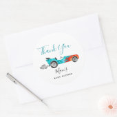 Modern Blue Race Car Baby shower Favor Ronde Sticker (Envelop)