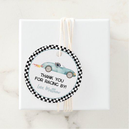 Modern Blue Race Car Birthday Bedankjes Labels (In situ)