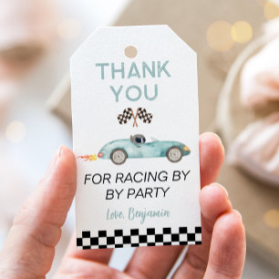 Modern Blue Race Car Birthday Cadeaulabel