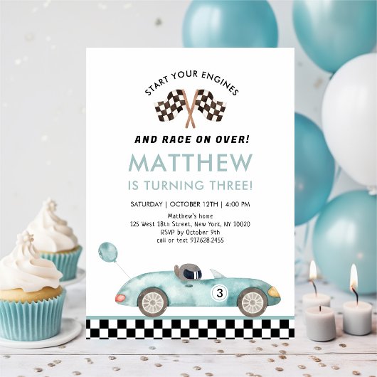 Modern Blue Race Car Birthday Kaart