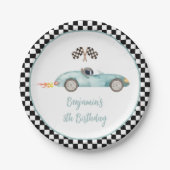 Modern Blue Race Car Birthday Papieren Bordje (Voorkant)