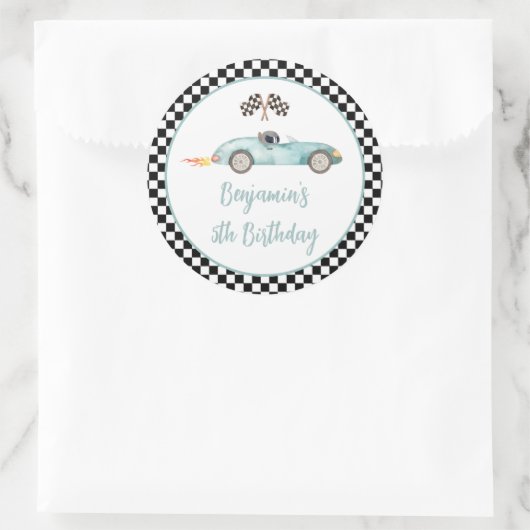 Modern Blue Race Car Birthday Ronde Sticker (Tas)