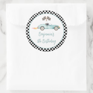 Modern Blue Race Car Birthday Ronde Sticker