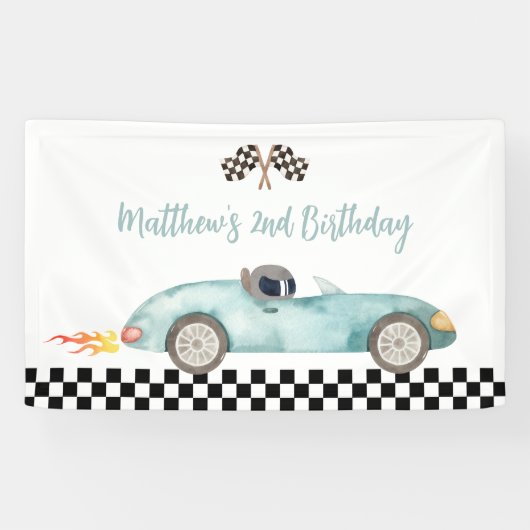 Modern Blue Race Car Birthday Spandoek (Horizontaal)