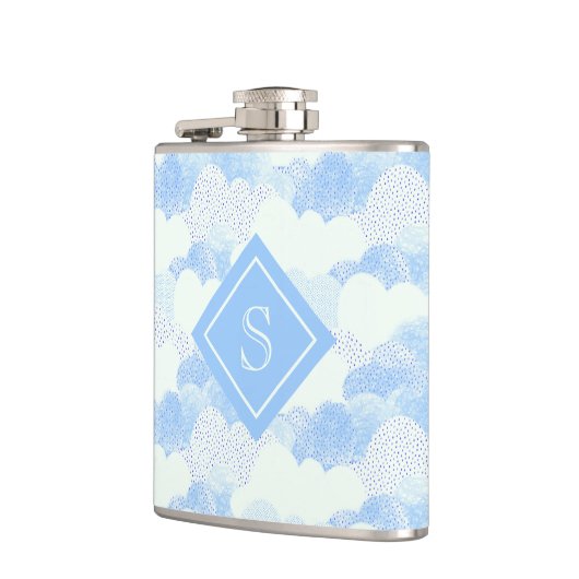 Modern Blue Rain Clouds Monogram , gepersonaliseer Heupfles (Links)