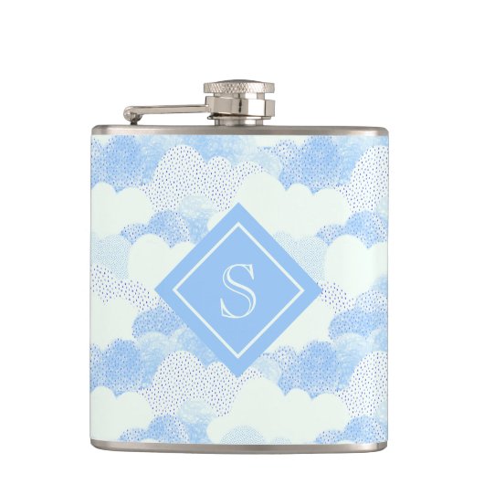 Modern Blue Rain Clouds Monogram , gepersonaliseer Heupfles (Voorkant)