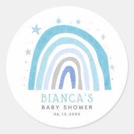Modern Blue Rainbow Boho Baby shower Ronde Sticker