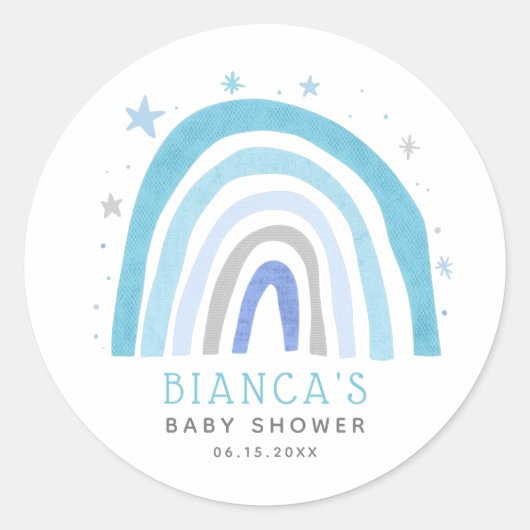 Modern Blue Rainbow Boho Baby shower Ronde Sticker (Voorkant)