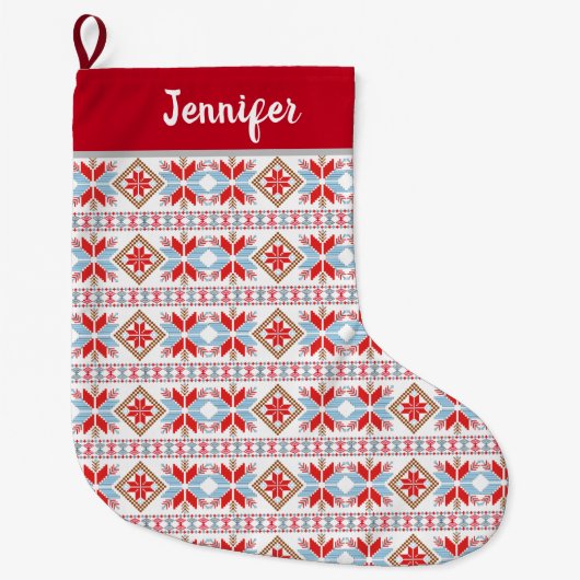 Modern Blue Red Nordic Pattern Grote Kerstsok (Voorkant)