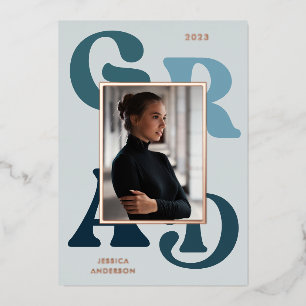 Modern Blue Retro Typografie Foto 2022 Afstuderen Folie Uitnodiging