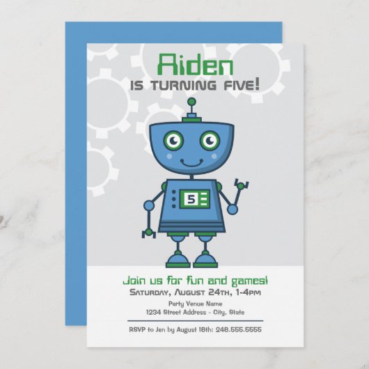 Modern Blue Robot Boys Birthday Party Kaart (Voorkant / Achterkant)