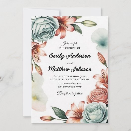 Modern Blue Roos Designer Wedding Invitation Kaart (Voorkant)