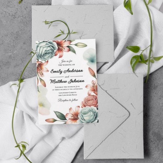 Modern Blue Roos Designer Wedding Invitation Kaart