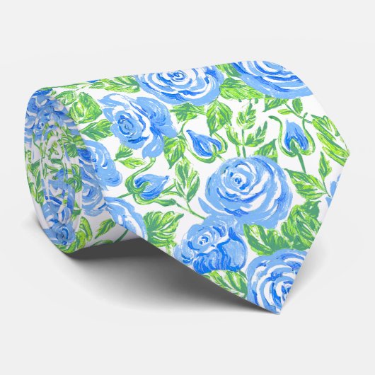 Modern Blue Roos Floral Pattern Wedding Stropdas (Opgerold)