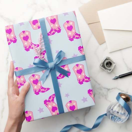 Modern Blue Roze Cowgirl Westerne Boots Stars Cadeaupapier (Geschenken)
