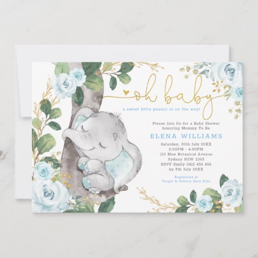 Modern Blue Rozen Oerwoud Elephant Boy Baby shower Kaart (Voorkant)