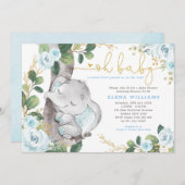 Modern Blue Rozen Oerwoud Elephant Boy Baby shower Kaart (Voorkant / Achterkant)
