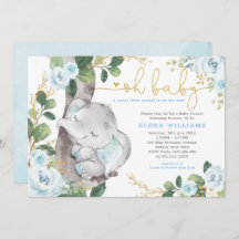 Modern Blue Rozen Oerwoud Elephant Boy Baby shower