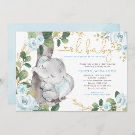 Modern Blue Rozen Oerwoud Elephant Boy Baby shower Kaart