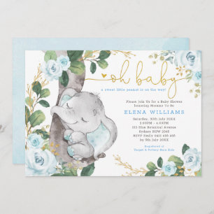Modern Blue Rozen Oerwoud Elephant Boy Baby shower Kaart
