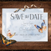 Modern Blue & Rust Waterverf Vlinders Bruiloft Save The Date