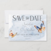 Modern Blue & Rust Waterverf Vlinders Bruiloft Save The Date (Voorkant)