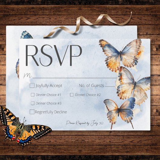 Modern Blue & Rust Waterverf Vlinders Diner RSVP Kaartje