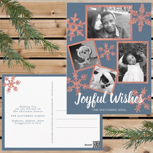 Modern Blue Rustic Snowflake 4 Fotokerstmis Briefkaart