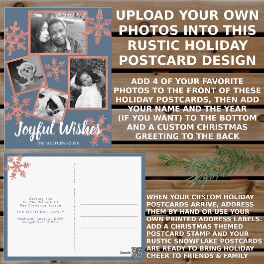 Modern Blue Rustic Snowflake 4 Fotokerstmis Briefkaart