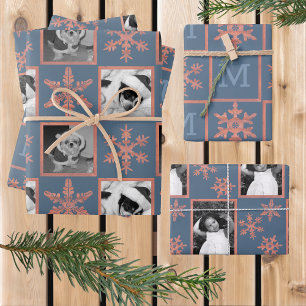 Modern Blue Rustic Snowflake Monogram Foto Inpakpapier Vel