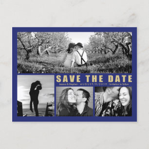 Modern Blue Save the Date Collage 4 Photo Briefkaa Aankondigingskaart