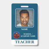 Modern Blue School Logo Teacher Employee Badge (Voorkant)