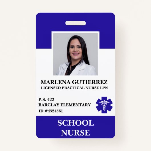 Modern Blue School Nurse Employee Foto Name ID Badge (Voorkant)