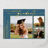 Modern Blue Script Afstuderen Foto Afstuderen Folie Uitnodiging (Voorkant)