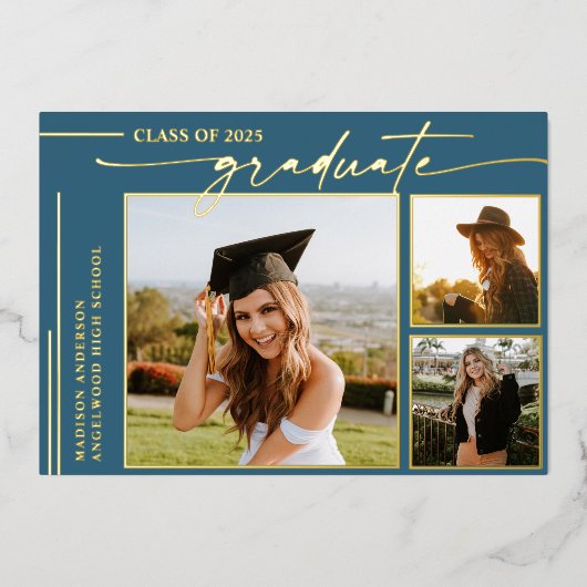 Modern Blue Script Afstuderen Foto Afstuderen Folie Uitnodiging (Voorkant)