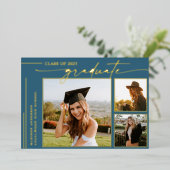 Modern Blue Script Afstuderen Foto Afstuderen Folie Uitnodiging (Staand Voorkant)