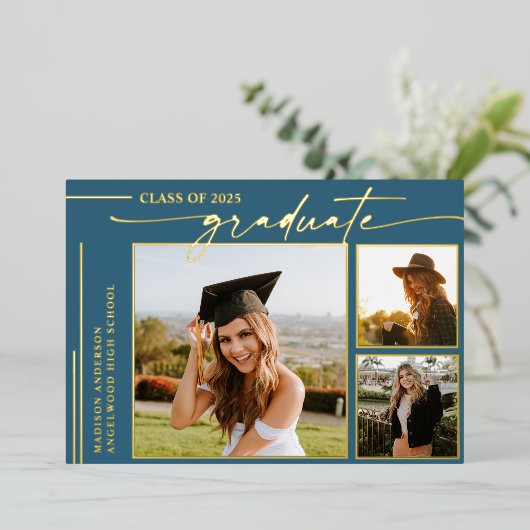 Modern Blue Script Afstuderen Foto Afstuderen Folie Uitnodiging (Staand Voorkant)