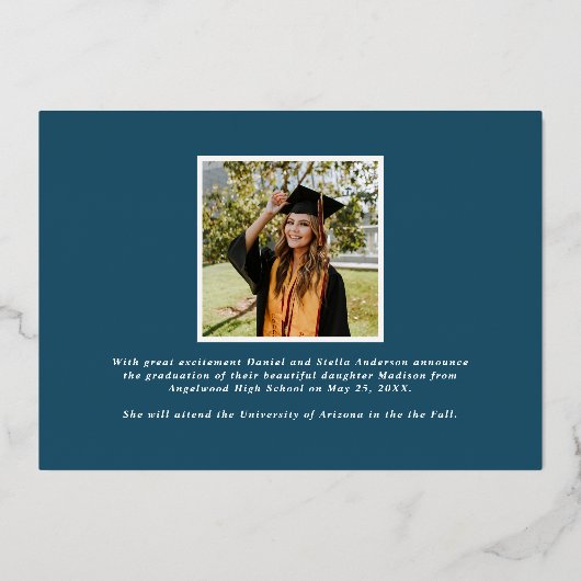 Modern Blue Script Afstuderen Foto Afstuderen Folie Uitnodiging (Achterkant)