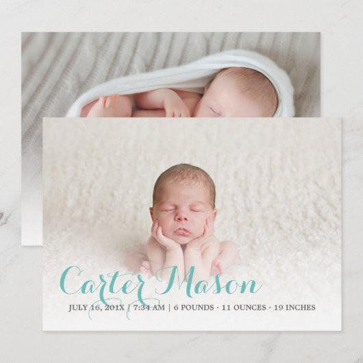 Modern Blue Script Geboorteaankondiging Aankondiging (Voorkant / Achterkant)