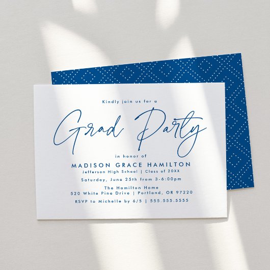 Modern Blue Script Graduation Party Kaart