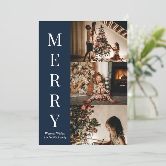 Modern Blue Script Merry-kerstfoto Feestdagenkaart (Staand voorkant)