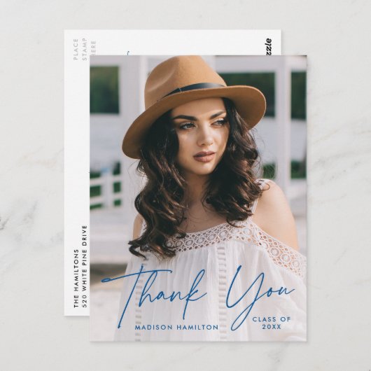 Modern Blue Script Photo Afstuderen Hartelijk dank Briefkaart (Voorkant / Achterkant)