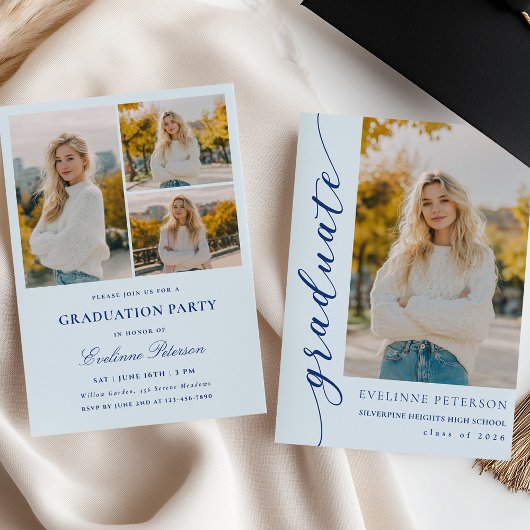Modern Blue Script Photo Graduation Invitation Kaart
