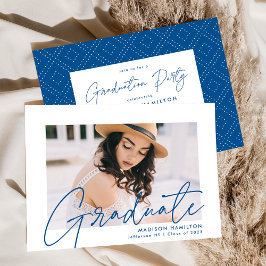 Modern Blue Script Photo Graduation Party Kaart